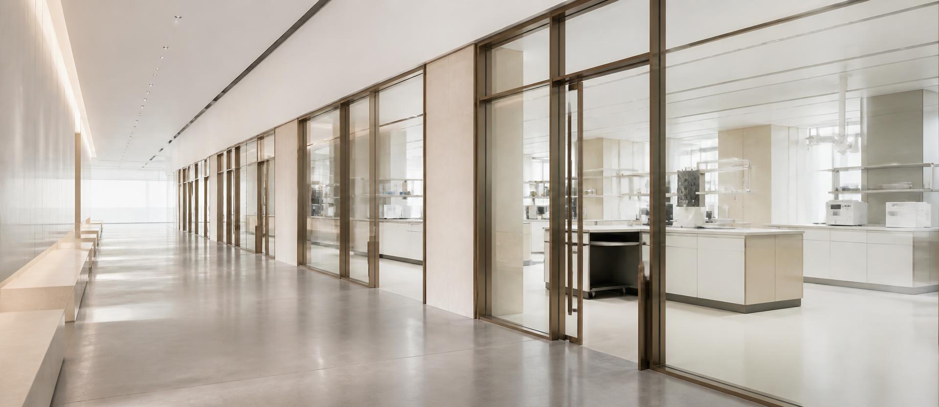 A daylit corridor of glass-walled research suites receding in sequence. A constellation, none individually identifiable.